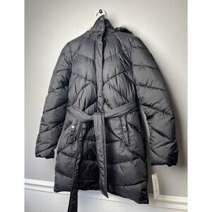 Larry Levine Womens Puffer Jacket Black Full Zip Hooded Faux Fur Trim Size S New